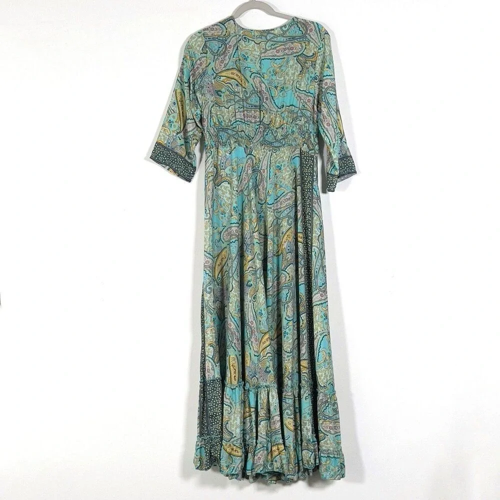 ME 2 MAGIC Maxi Dress Womens Sz L Green Paisley 3/4 Sleeve Bohemian